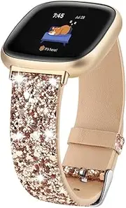 Compatible with Fitbit Versa 3/Fitbit Versa 4/Fitbit Sense/Sense 2 Bands, Women Bling Glitter Leather Strap For Fitbit Sense 2/Sense/Versa 4/Versa 3 Smart Watch Accessorie