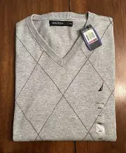 Nautica NWT Men's 2XL Sweater Vest Gray V-Neck Embroidered Logo Diamond Argyle