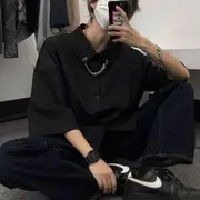 Elbow-Sleeve Plain Shirt With Chain Black - XL