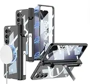 Cellphone Flip Case Wireless Charging Case Compatible with Samsung Galaxy Z Fold 5 Case with Tempered Glass Screen Protector & Kickstand S Pen Holder,Magnetic Case Transparent Plating Shockproof Cover