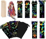 48Pcs Animal Scratch Bookmark, Rainbow Art Set, Cute DIY Paper Bookmarks Tags Crafts Bulk with 24 Bamboo Skewers and 48 Ribbons, Fun School Supplies for Kids, Party Games Classroom Birthday Gifts