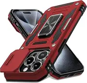 ELEPIK iPhone 15 Pro Max Case with Camera Cover, iPhone Cover Pass 16ft Drop Test Military Grade Heavy Duty Protective Phone Case with Kickstand, Red