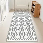 Goideal Washable Runner Rug 2x6, Checkered Rugs Non Slip, Modern Geometric Indoor Carpet Low Pile for Bedroom Kitchen Entryway Hallways, Gray and White