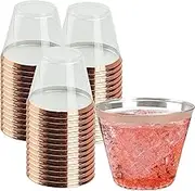 100 Pcs Reusable Plastic Cups, 9 OZ Rose Gold Party Tumblers, Old Fashioned Imitation Glass, Fancy Wedding Beverage Water Cups With Elegant Gold Rim