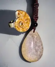 NEW Natural Fossil Agate Pendant Necklace + Adjustable Ammonite Ring Jewelry Set