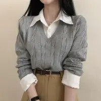 在飛比找蝦皮商城優惠-韓系女版ins風秋季收腰短版襯衫領套頭拼接假兩件針織衫