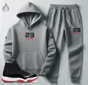 Men's Grey Sweats Hoodie Joggers Set To Match Jordan 11 Bred Sweatsuit Tracksuit