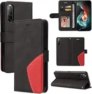 [Ttianfa] Case Compatible for Sony Xperia 10 ii Wallet Flip case,[3 Card Slot] [Magnetic][Stand] Stitching Two-Color Strap PU Leather 360° Shockproof Flip Folio 2& Tempered Screen Protector,Black