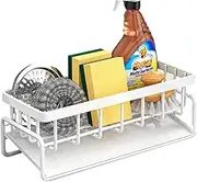 VerdeRoot Sink Caddy, Kitchen Sink Orgainser, Stainless Steel Sink Tidy Sponge Holder With 45-Degree Sloped Drip Tray, Kitchen Sink Caddy Organiser With Removable Dishcloth Hook for Countertop (White)