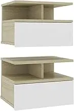 vidaXL Wall-Mounted Floating Nightstands in White and Sonoma Oak, 2 pcs Set, Made of Engineered Wood, 40x31x27 cm, Includes Drawer and Open Compartments