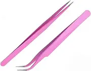 2PCS Stainless Steel Straight and Curved Tip Tweezers Nippers for Eyelash Extensions and Nail Art Sticker Rhinestone Eyelash Picker Acrylic Gel Nail DIY Art