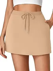 [Vrtige] Women's Casual Elastic High Waist Drawstring Workout Mini Skirt with Pockets