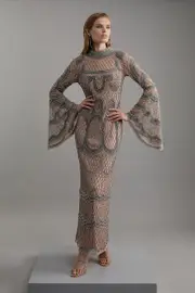 Embellished And Beaded Long Sleeve Woven Maxi Dress