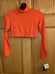 Danskin 2914 Women's Size Medium Orange Mock Neck Long Sleeve Midriff Top Dance