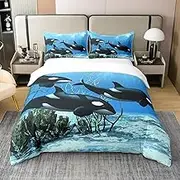 Pure Cotton Killer Whale Bed Linen Sets Orcinus Orcas Comfort Cover The Underwater World Jellyfish Duvet Cover Set for Children Girls Deep Sea Animals Sea Life Quilt Cover Children's Room Decor 155 x