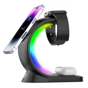4 In 1 Magnetic Wireless Charger Fast Charging For Smart Phone Atmosphere Light For Airpods Pro I-phone Watch Black