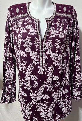 Lucky Brand Women Eggplant Purple White Top Shirt Tunic 2X Cotton New NWT