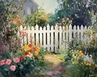 Garden with a white picket fence oil painting 8x10 Print