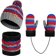 [Kawior] Kids Winter Pompom Beanie Hat Scarf Gloves Set for Boys&Girls Age 5-8, Fleece Lined Skull Cap Neck Warmer Mitten Set