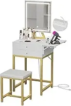 KAI-ROAD Small Vanity Table with Lights - White Girls Vanity Set with Mirror and Chair, Dressing Table with Drawers and Socket for Small Room, Gold