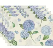 4 Piece Placemat Set 12x18in Blue Hydrangea Off White Linen Floral