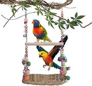 Bird Swing - Hanging Bird Perch | Ladder Bird Cage Toys | Bird Toys Wooden Perch Swings | Seagrass Woven Hammock Chew Toys | Cockatiel Cage Accessories For Parrot Conure Lovebirds Finches Standing Cli