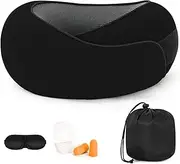 [DULCE DOM] Travel Neck Pillow, Memory Foam Travel Neck Pillow for Airplanes, 360° Support Stowable Pillows for Sleeping, Airplane Travel Kit with 3D Contoured Eye Masks, Earplugs, and Storage Bag (Black)