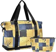 [Amooorous] Blue and Gold Checkered Pattern Travel Bag Overnight Carry On Tote and Luggage with Adjustable Strap for Sports Multifunctional, Blue And Gold checkered pattern, 1 size
