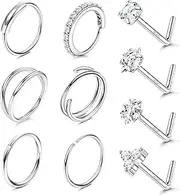 [Milacolato] 14K Gold Filled Nose Ring Studs 20G Nose Ring Hoops Hypoallergenic 316L Surgical Stainless Steel Nose Rings L Shaped CZ Nose Nostril Piercing Jewelry for Women Men 10Pcs