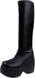 [TANYAZ] Women's Knee High Boots Black Chunky Platform Wedge Leather Combat Punk Boots