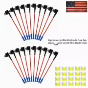 20 Sets Add-A-Circuit Low Profile Mini Fuse Tap Adapter 20A Mini Blade Fuses
