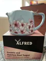 ALFRED Ceramic and Stainless Steel Teapot - 20 oz Infuser - Blue Cherry Blossoms