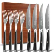 Sunnecko Steak Knife Fork Set Damascus Steel Premium Knife 8Pcs Wooden Gift Box