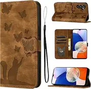 LSPCASA Samsung Galaxy A14 Case for Samsung A14 4G/5G High-Quality PU Leather Material Samsung A14 Case with Card Slots Cat Butterfly Pattern Samsung Galaxy A14 5G Case Brown