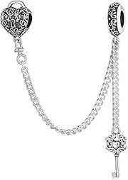 [Teleye] Heart Lock & Key Safety Chain Charm 925 Sterling Silver Charm Fits For Pandora Bracelet Necklace, Cubic Zirconia, Created Cubic Zirconia