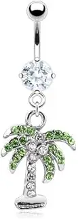 [Pain-is-Art] Palm Tree Belly Bar 316L Surgical Steel Crystals Navel Piercing