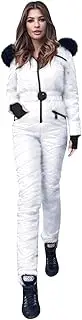 [Generic] Women's Ski Suit One Piece Snowsuit Slim Ski Jumpsuit Faux Fur Snowboard Waterproof Windproof Insulated Warm Hooded
