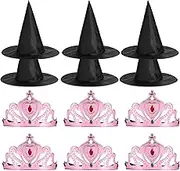 12Pcs Pink Princess Crowns and Black Witch Hats Set Witch Theme Birthday Party Decorations Princess Themed Party Supplies for Magic Birthday Bachelorette Favors Decor Photo Booth Decorative Gifts