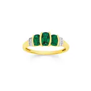 9ct Gold, Created Emerald & Diamond Cushion Trilogy Ring in Green