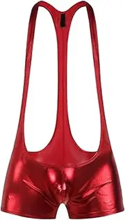 [Generic] Men's Sexy Faux Leather Wrestling Leotard Bodysuit Suspenders Backless Jockstrap One-Piece Patent Jumpsuits Underwear (Red,X-Large), Red, X-Large