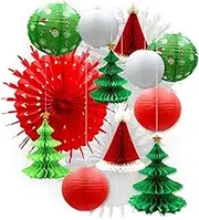 UNIQOOO 14PCS Assorted 3D Christmas Honeycomb Paper Lantern Decoration Garland Set,Celling Hanging Tissue Pine Tree Star, Santa Hat,Snowflake Fan,Japanese Lanterns for Holiday XMAS Party Banner Supply