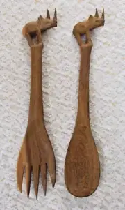 African Hand Carved Wooden Spoon And Fork Set - Made In Kenya Approx. 12" Long