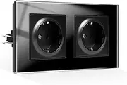 CNBINGO Schuko Socket Flush-Mounted with Plug-In Terminal, Tempered Glass Pane, Double Socket 16 Amp, Black Protective Contact Wall Socket 157 mm, 250 V