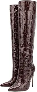 [NEOFEN] Knee High Boots Women High Boots Pointed Toe Stiletto High Heel Side Zipper Long Boots for Women Faux Crocodile Boots, Not Wide Calf