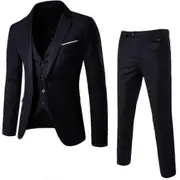 For Men's 3-Piece Slim Fit Business Suit Set - One Button Jacket, Vest & Pants Black L