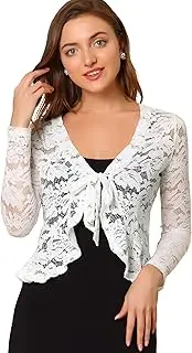 [Allegra K] Women's Tie Front Crop Cardigan Ruffled Hem Floral Lace Sheer Shrug Top
