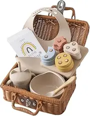 4 in 1 Newborn Gift Bundle with Wooden Stacking Game, Silicone Feeding Set, 16 Milestone Cards and Wicker Gifting Case - Present for New Mums & Baby Shower (Beige Retro Pillars Set)