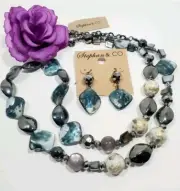 Stephan & Co NOS Necklace & Earring Set Abalone Shell Glass Black Metallic Beads