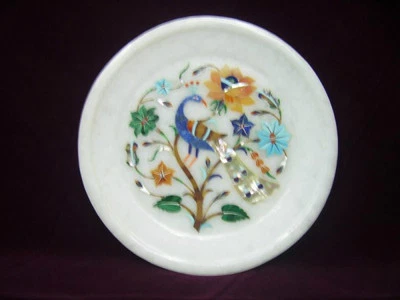10" Antique Marble Round Serving Plate tray makrana Mosaic Inlay peacock Art