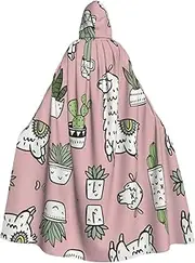 Alpaca And Cactus Print Elegant Hooded Cloak For Women Men For Cosplay Carnival Parties Masquerade Events, Black